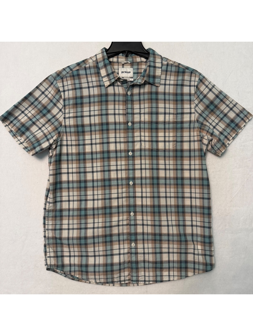 Prana Men's Large Plaid Button Down Short Sleeve Shirt Blue Tan Cream